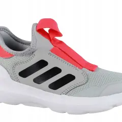 Szary but dziecięcy Adidas z różowymi elementami i trzema czarnymi paskami.
