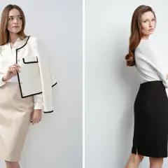 Elegancka biała bluzka z żakietem i beżową spódnicą lub biały sweterek z czarną spódnicą – inspiracje, jaka bluzka do czarnej spódnicy.