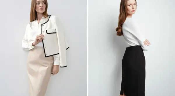 Elegancka biała bluzka z żakietem i beżową spódnicą lub biały sweterek z czarną spódnicą – inspiracje, jaka bluzka do czarnej spódnicy.