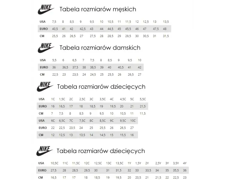 tabela rozmiar&oacute;w nike dziecięce