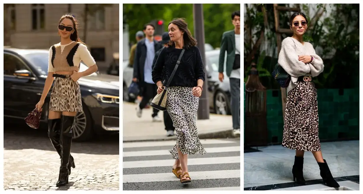 Spódnica w panterkę stylizacje buty i torebki