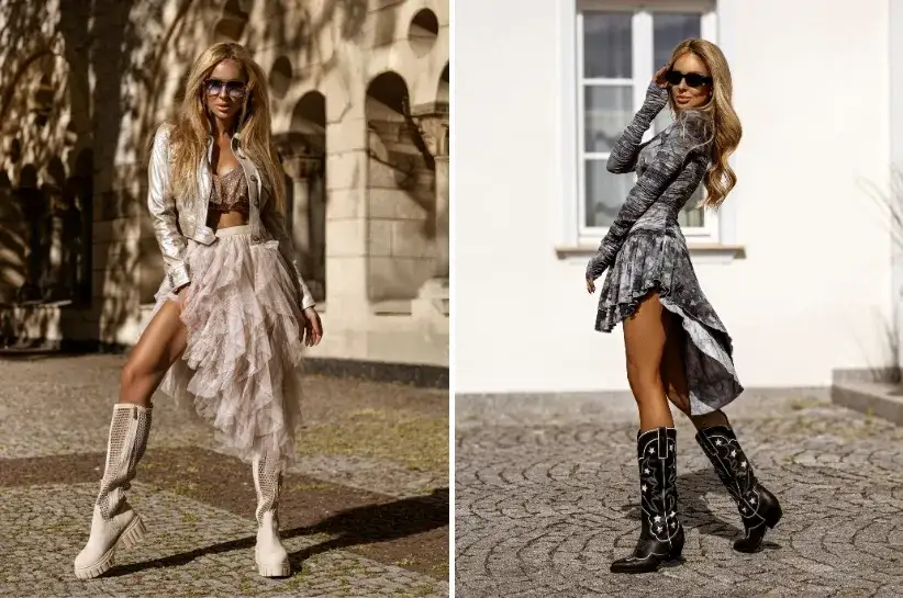 sukienka maxi midi mini z różnymi butami boho
